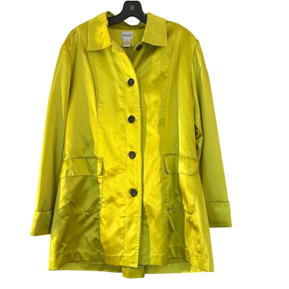 CHICOS 100% Silk Woman’s Jacket Coat Button Front Chartreuse Classic FLAW - Picture 1 of 13